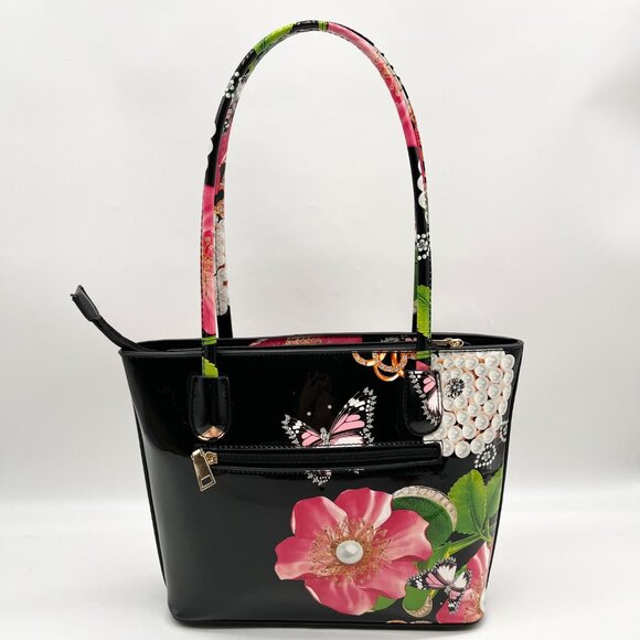 Unbranded Black Glossy Floral Shoulder Bag - Picture 2 of 10